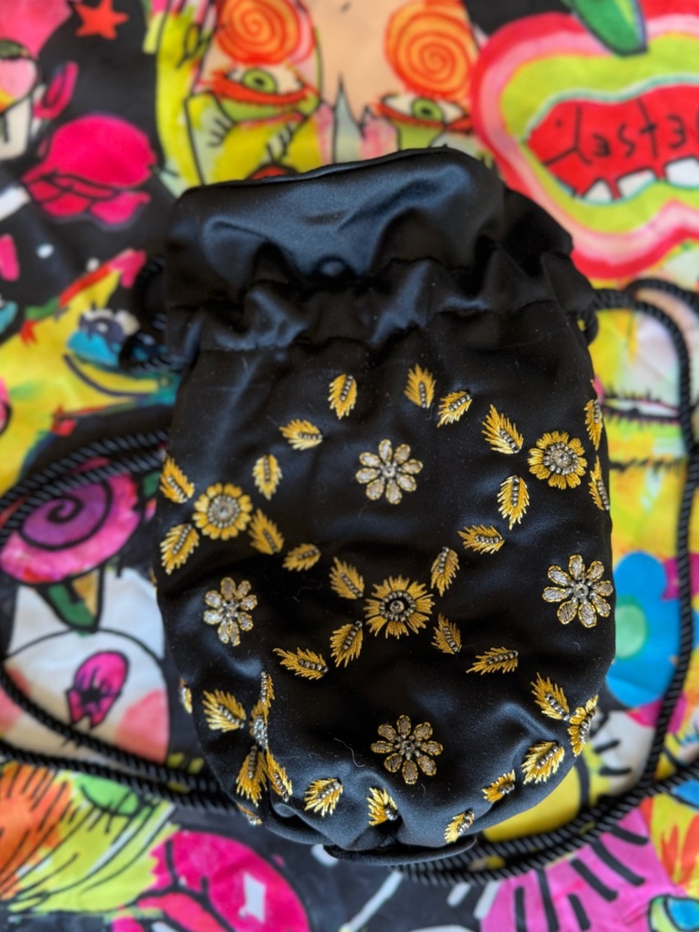 Potli Bag By Adrienne Vittadini Black Satin Drawstring Gold Floral Embroidery